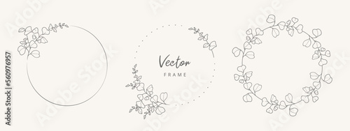 Hand drawn floral frame with branches and leaves in line art style. Wreath. Elegant logo template. Vector illustration for labels, branding business identity, wedding invitation