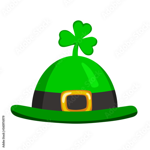 Green hat with a trefoil on top, attribute of the Irish headdress with a three-leaf clover and symbol of St. Patrick's Day. Vector illustration
