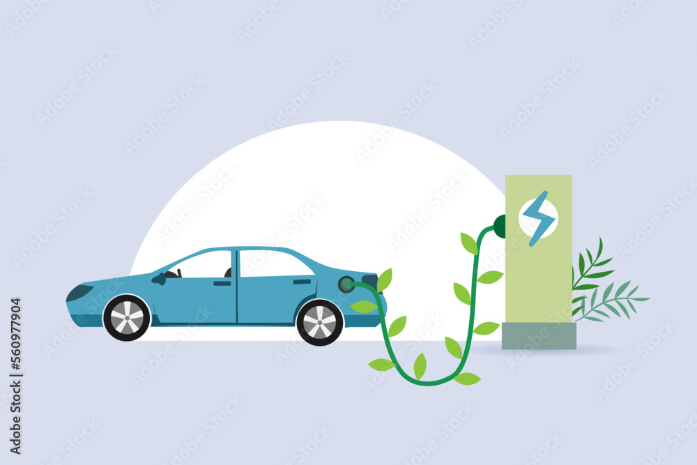 EV car, Electric vehicle car charging battery at station as green energy . Sustainable energy resources environmental friendly. Alternative energy in transportation technology.