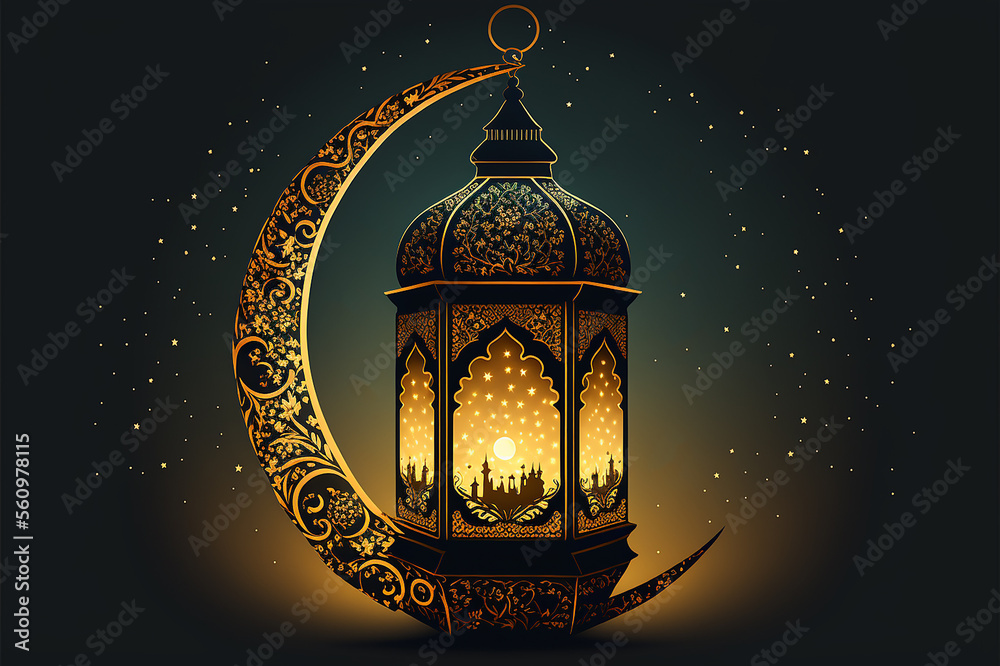 Ramadan lantern with crescent moon on night sky background	