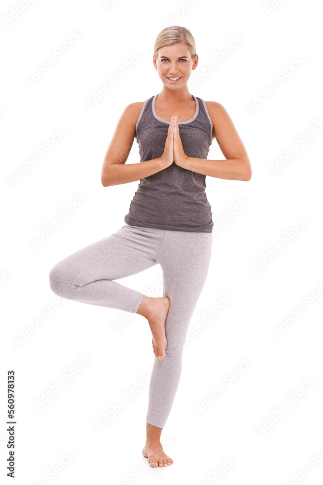 Yoga meditation, balance and portrait of woman meditate for healthcare, spiritual soul aura or chakra energy healing. Zen mindfulness, mindset peace and relax model pilates on white background studio