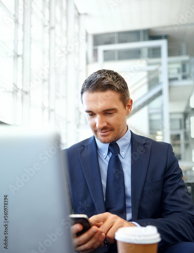 Businessman, travel with phone and communication, focus and ready for business trip in airport corporate lounge. Man, online and email networking with conference, work traveling and professional