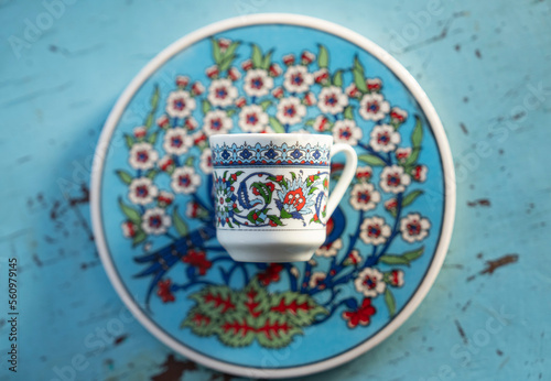 Turkish Coffee Cup and Ottoman Tile Motifs Photo, Uskudar Istanbul, Turkey photo