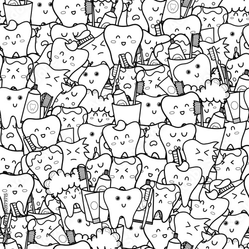 Doodle teeth black and white seamless pattern. Cute dental characters coloring page. Line art print for coloring book. Vector illustration