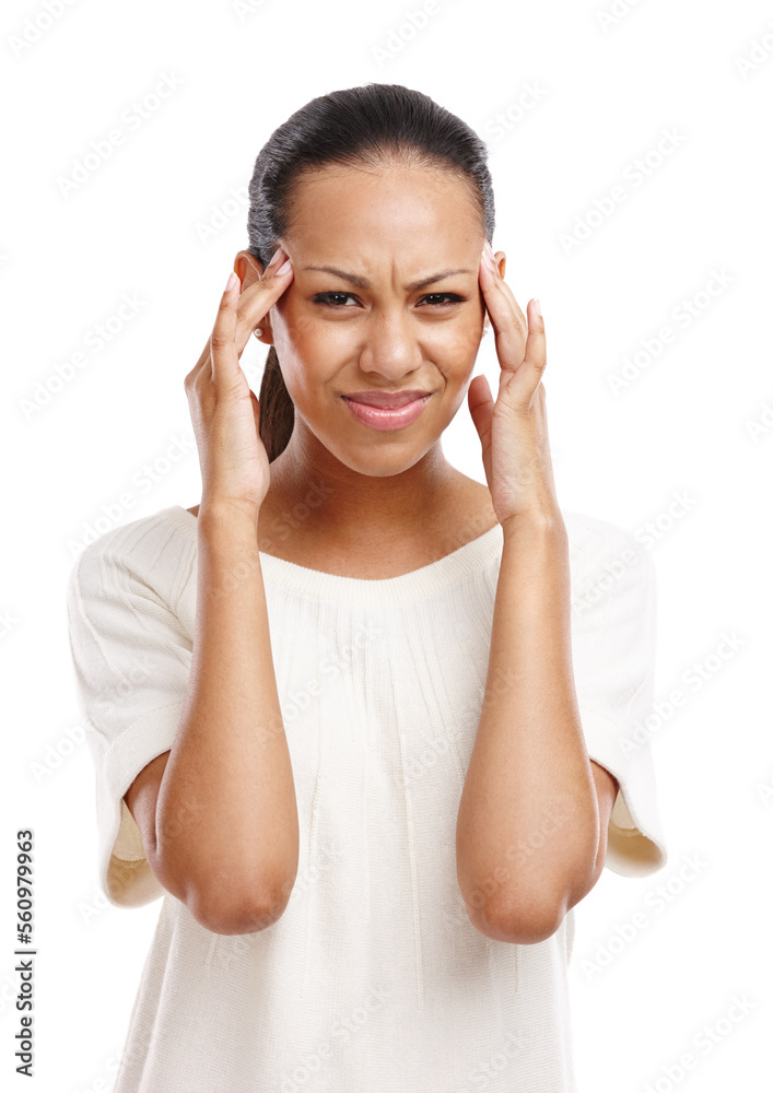Portrait, black woman and headache with stress, pain and girl isolated on white studio background. African American female, lady and depression with burnout, overworked or anxiety with hands on head
