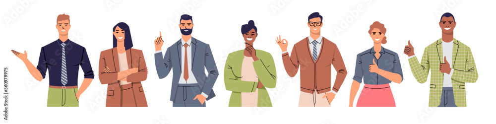 Group of business people gesturing in different poses. Men and women demonstrate, point, thumb up, think, folded hands, approve, teach. Business team. Flat style. Vector isolated. Group of business people gesturing in different poses. Men and women demonstrate, point, thumb up, think, folded hands, approve, teach. Business team. Flat style. Vector isolated.