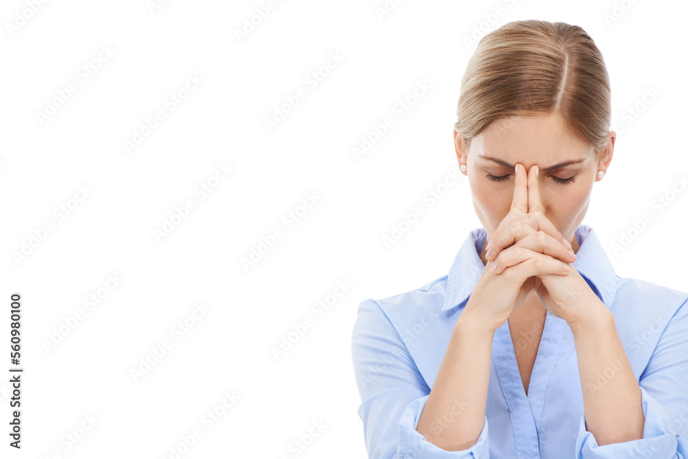 Business woman, stress and anxiety with headache on mockup against a white studio background. Isolated female employee suffering from depression, thinking or frustrated with hands on head