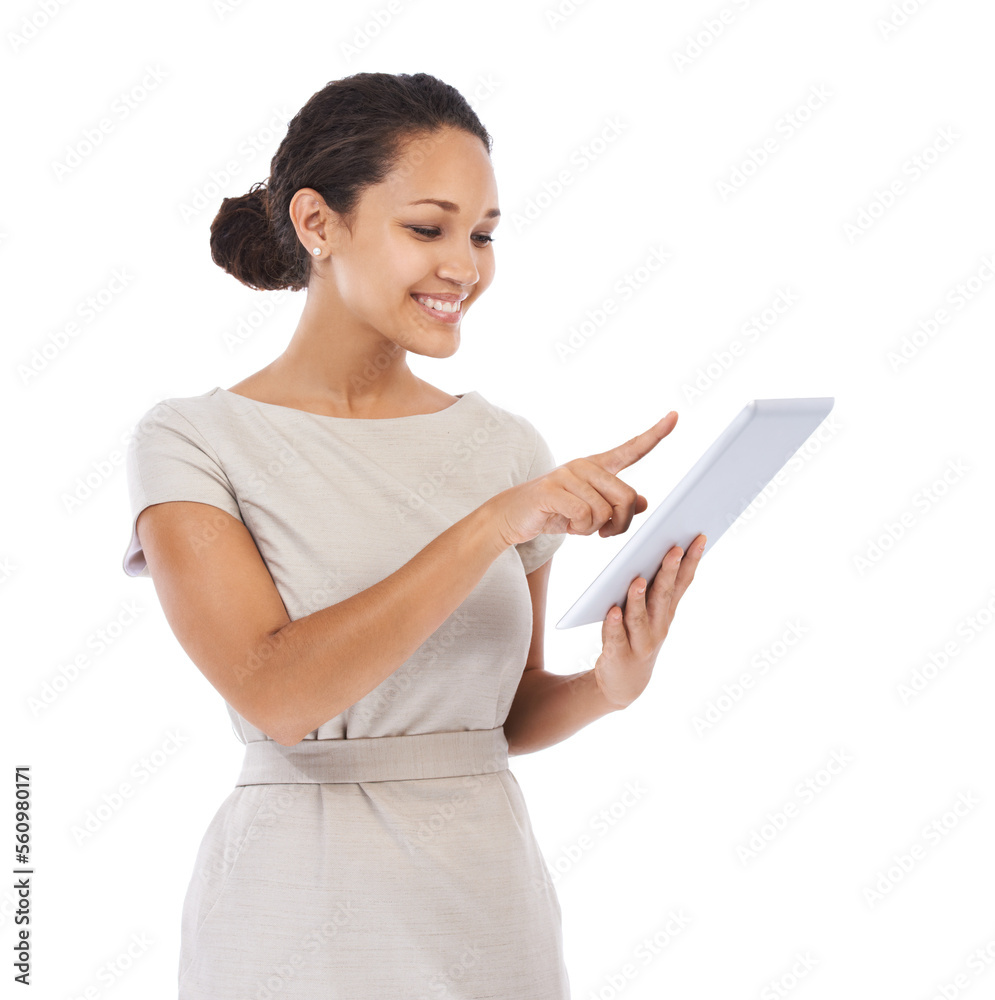 Business woman, thinking and digital tablet in studio, professional and young against white background. Black woman, entrepreneur and working girl using online app for management, planning and email Business woman, thinking and digital tablet in studio, professional and young against white background. Black woman, entrepreneur and working girl using online app for management, planning and email