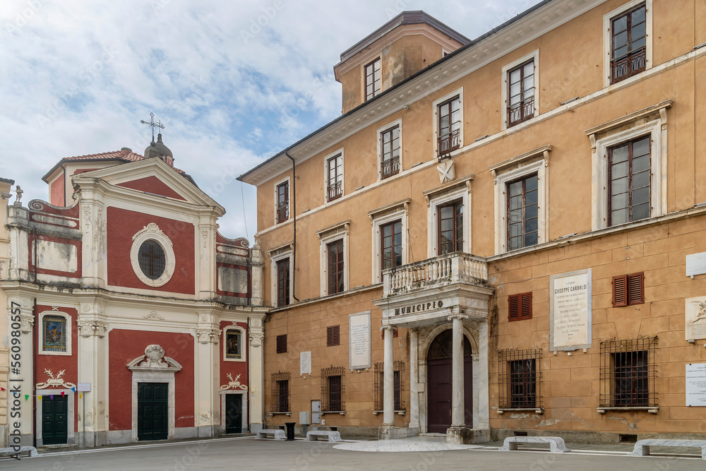 The ancient church of San Giovanni Decollato and the Town Hall, Piazza Mercurio square, Massa, Italy