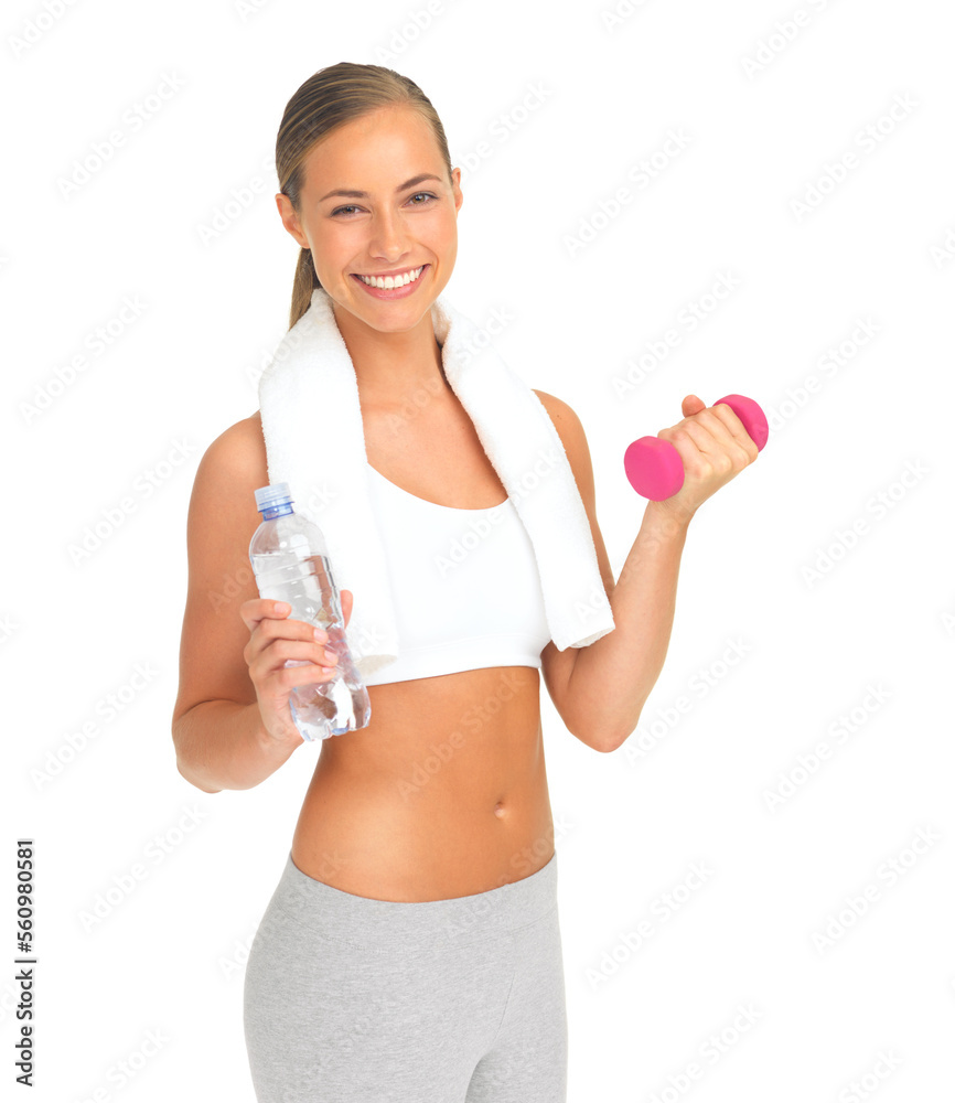 Studio portrait, woman and water with dumbbell, smile and happy for workout, health and white background. Isolated model, water bottle and weightlifting for healthy training, wellness and strong body Studio portrait, woman and water with dumbbell, smile and happy for workout, health and white background. Isolated model, water bottle and weightlifting for healthy training, wellness and strong body