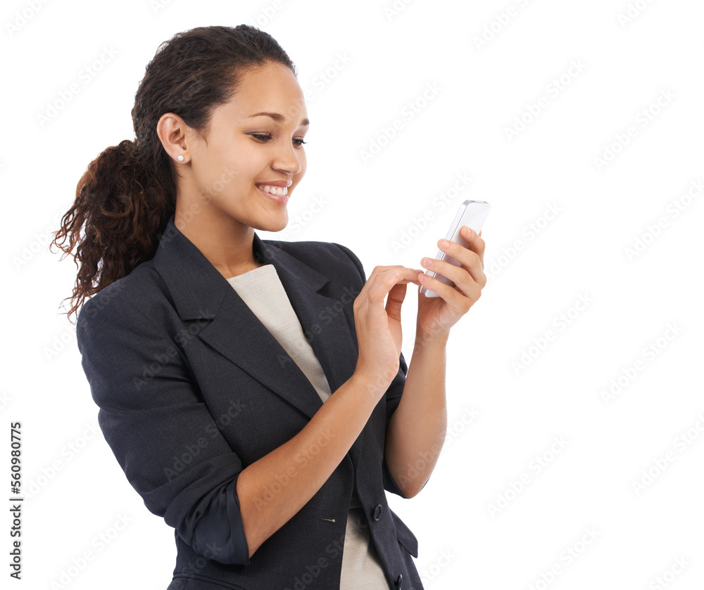 Phone, studio and black woman typing business email, reading news or doing internet, web or online search. Website, smartphone user and corporate employee girl with digital mobile on white background Phone, studio and black woman typing business email, reading news or doing internet, web or online search. Website, smartphone user and corporate employee girl with digital mobile on white background