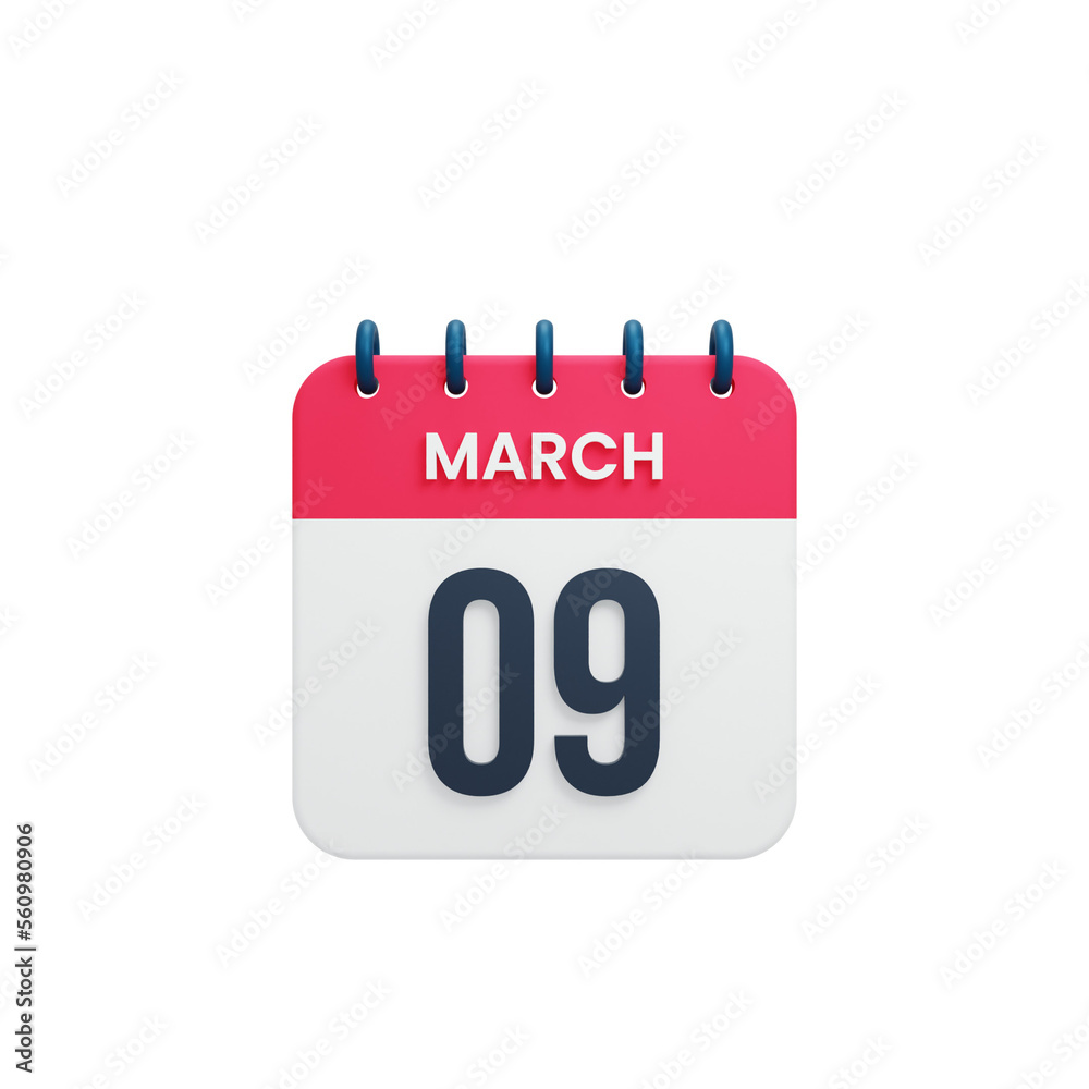 March Realistic Calendar Icon 3D Illustration Date March 09 March Realistic Calendar Icon 3D Illustration Date March 09