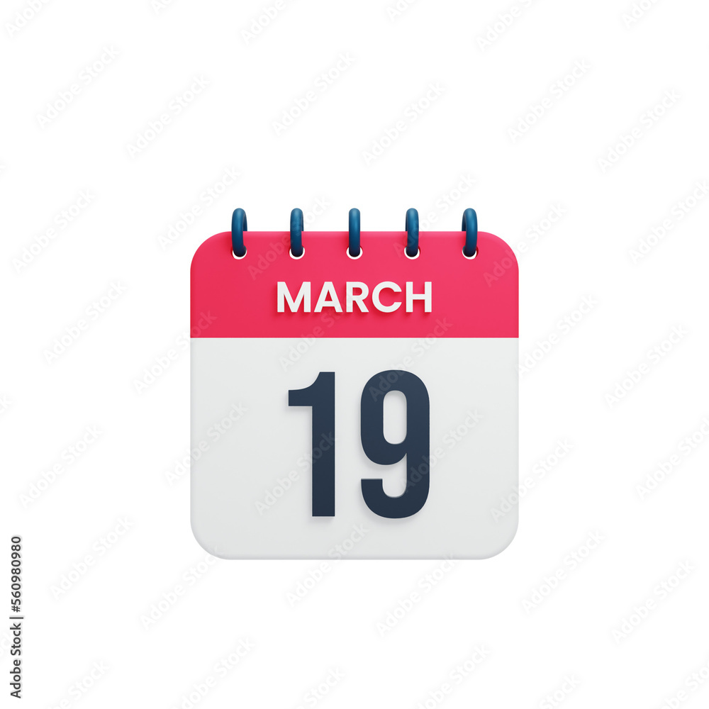 March Realistic Calendar Icon 3D Illustration Date March 19 March Realistic Calendar Icon 3D Illustration Date March 19