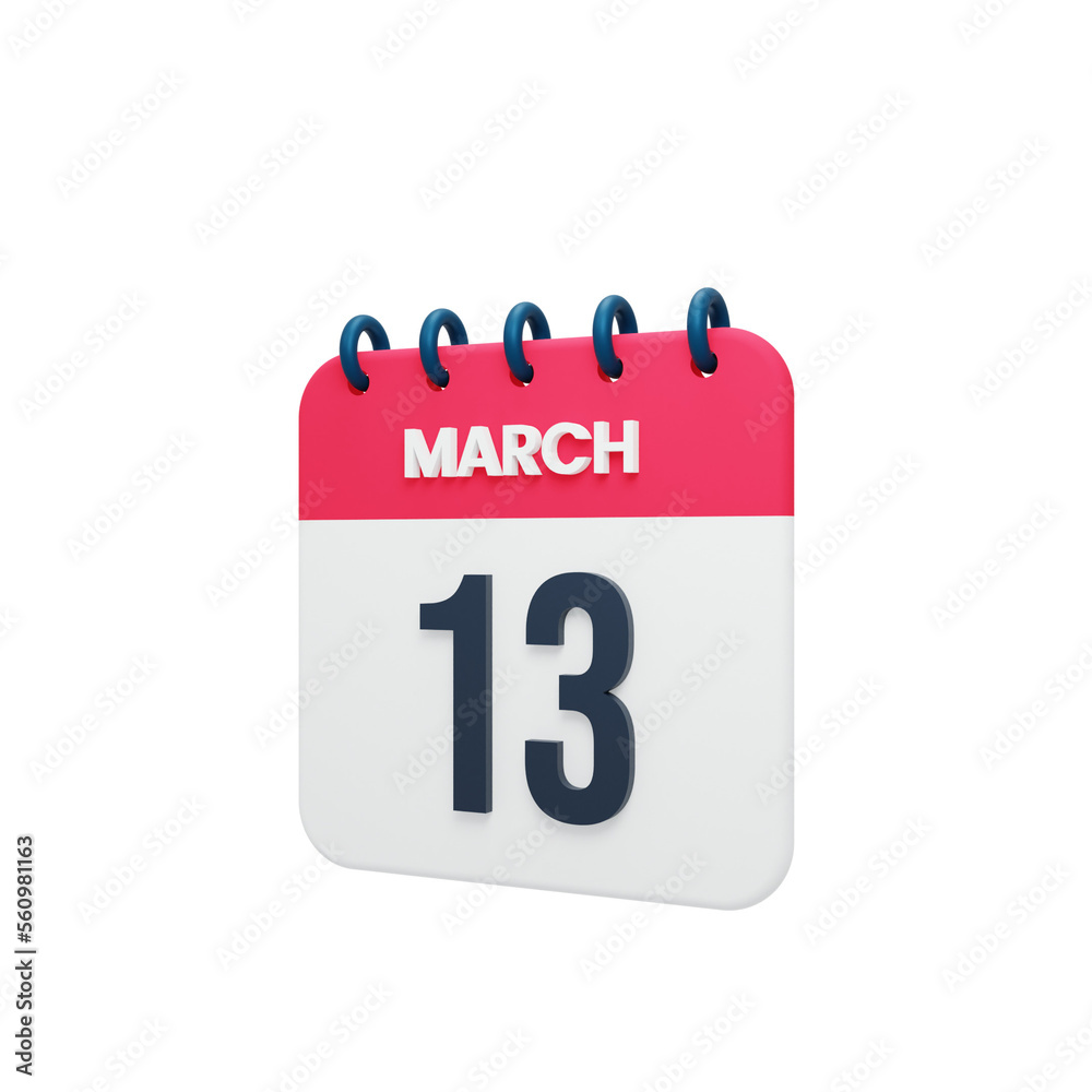 March Realistic Calendar Icon 3D Illustration Date March 13 March Realistic Calendar Icon 3D Illustration Date March 13