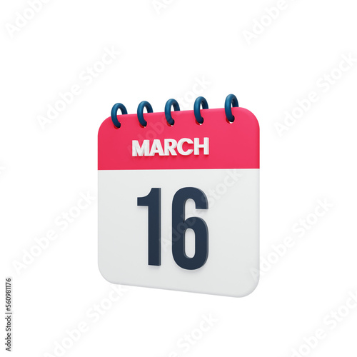 March Realistic Calendar Icon 3D Illustration Date March 16