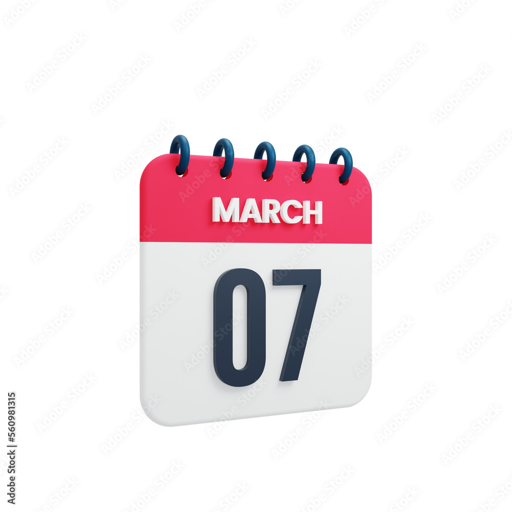March Realistic Calendar Icon 3D Illustration Date March 07