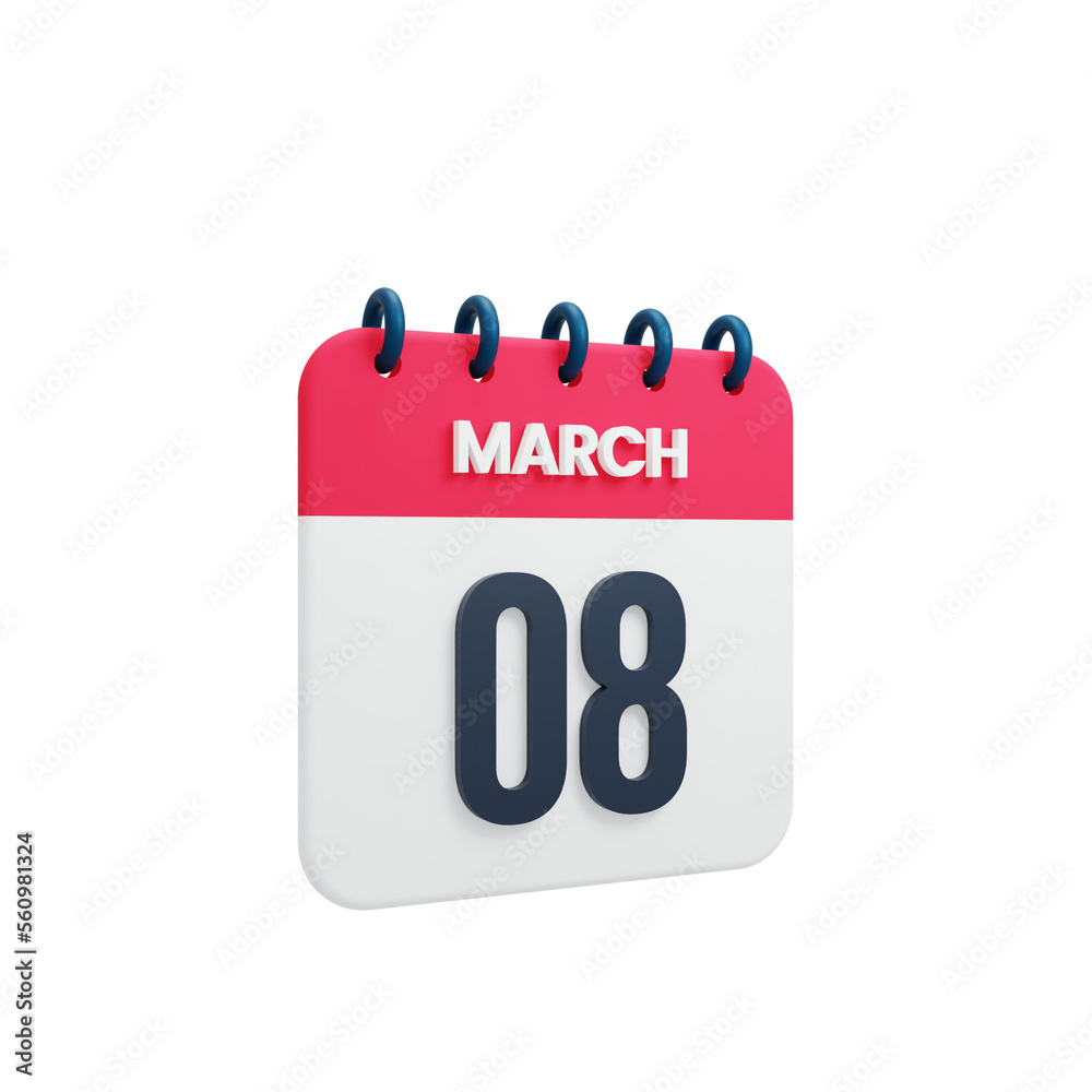 March Realistic Calendar Icon 3D Illustration Date March 08 March Realistic Calendar Icon 3D Illustration Date March 08