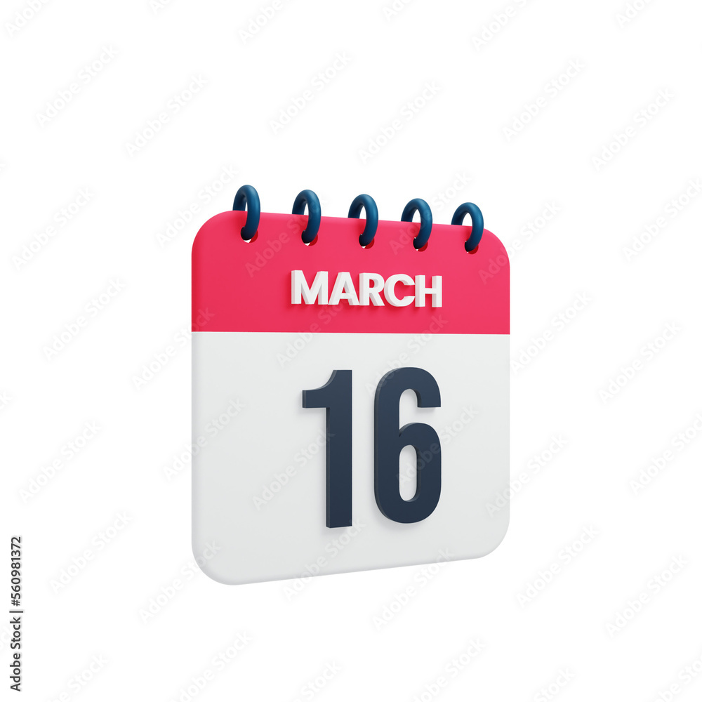 March Realistic Calendar Icon 3D Illustration Date March 16 March Realistic Calendar Icon 3D Illustration Date March 16