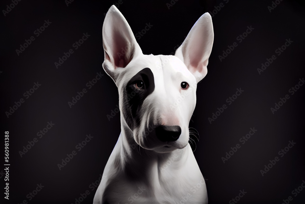 Beautiful Bull Terrier dog portrait in front of dark background.