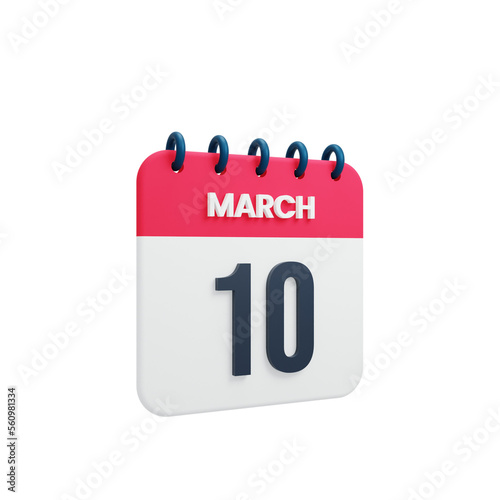 March Realistic Calendar Icon 3D Illustration Date March 10