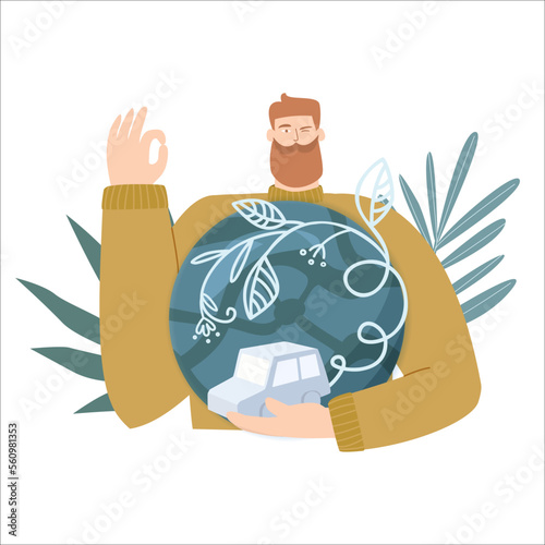 Man holding a miniature of a world globe and a paper car, concept for carbon offset, emissions compensation
