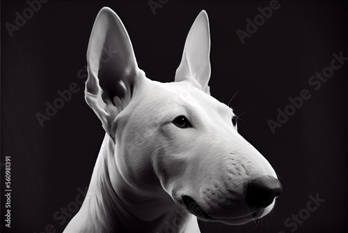 Beautiful Bull Terrier dog portrait in front of dark background.
