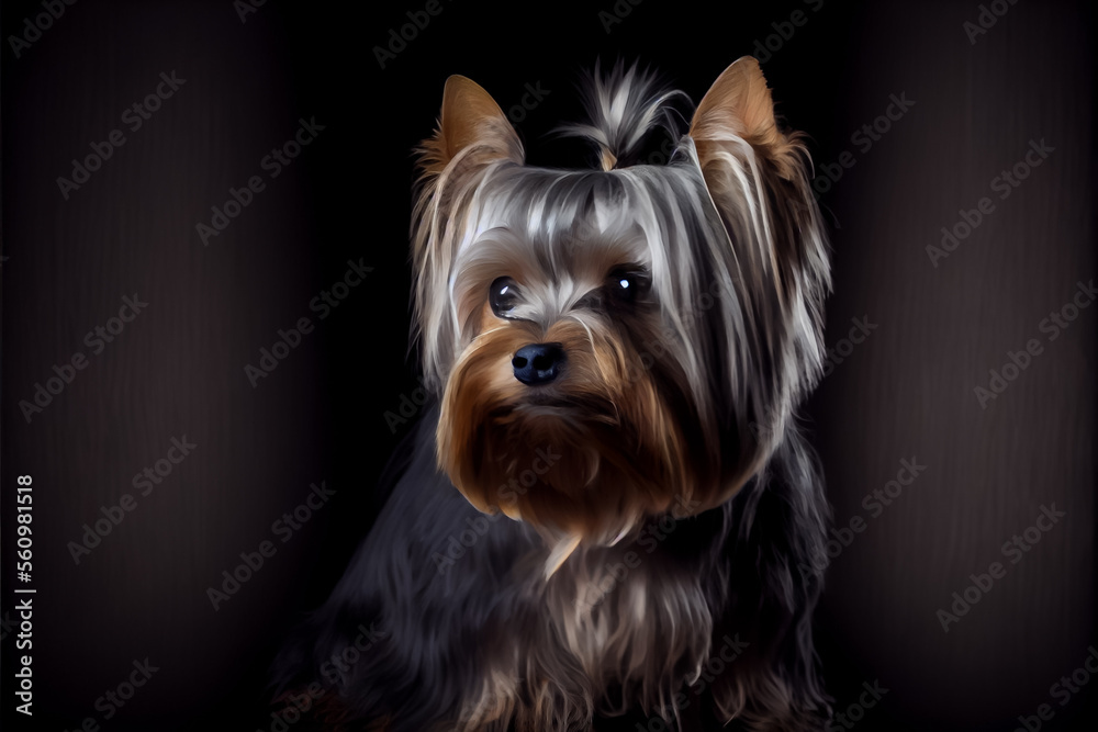 Beautiful Yorkshire Terrier dog portrait in front of dark background.