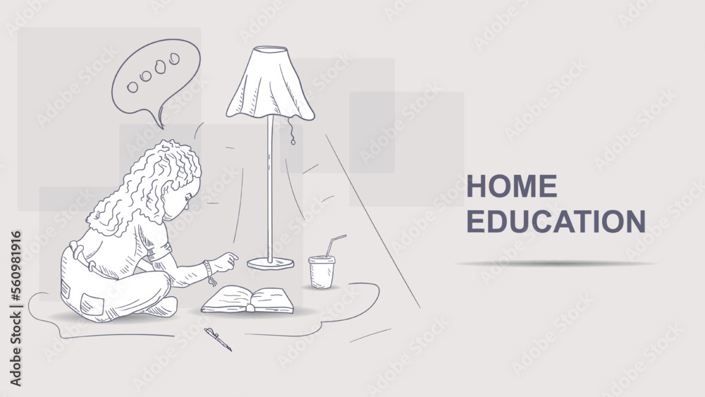 A little girl is reading a book sitting under a floor lamp contour black and white illustration in the style of a doodle A little girl is reading a book sitting under a floor lamp contour black and white illustration in the style of a doodle