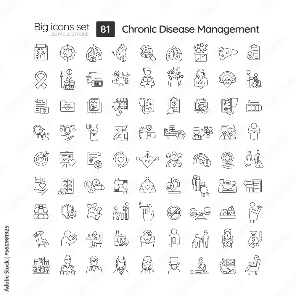 Chronic disease management linear icons set. Health care. Medical services. Disease treatment. Customizable thin line symbols. Isolated vector outline illustrations. Editable stroke