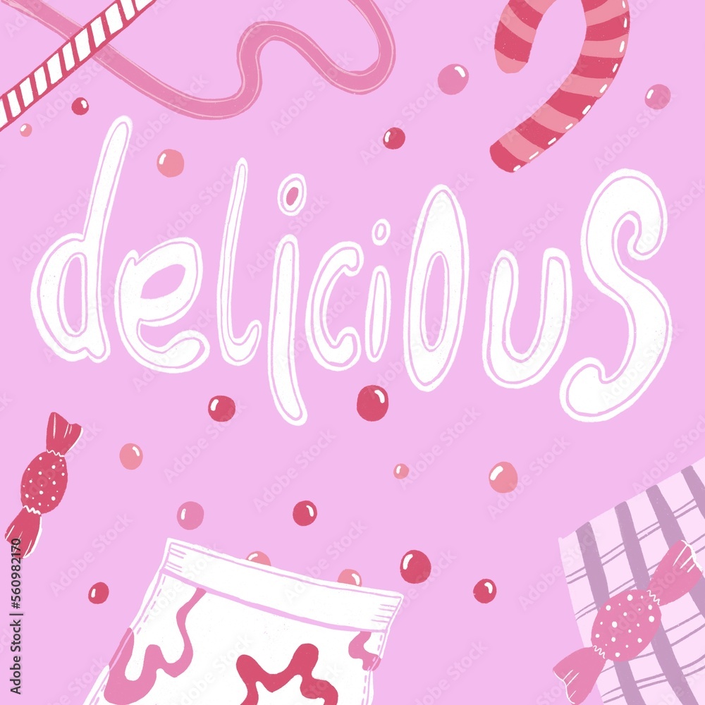 delicious inscription on a pink background with sweets