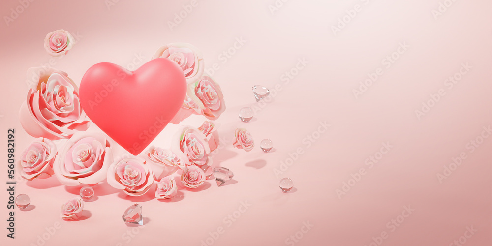 Big Heart Between Pink Rose Petals and Diamond Banner Template Copy Space 3D Render
