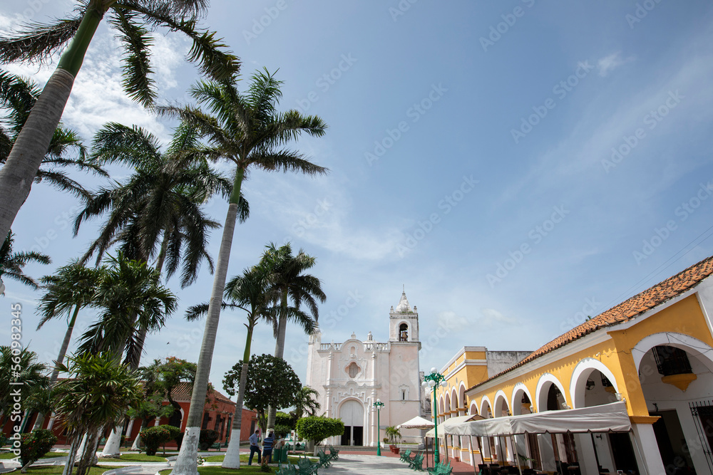 Afternoon view of the Spanish Colonial buildings and historic church of Tlacotalpan, Verzcruz, Mexico.