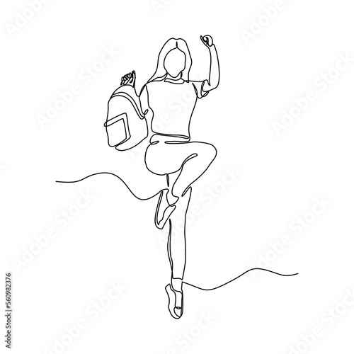 continuous single one line drawing art of college campus happy student woman jumping with bag backpack. vector illustration