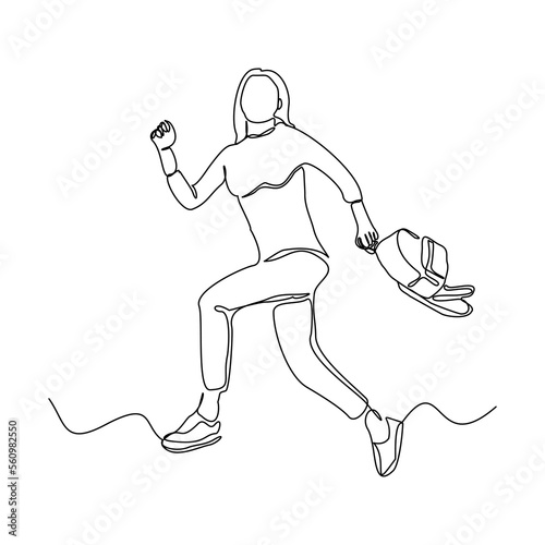 continuous single one line drawing art of college campus happy student woman jumping with bag backpack. vector illustration