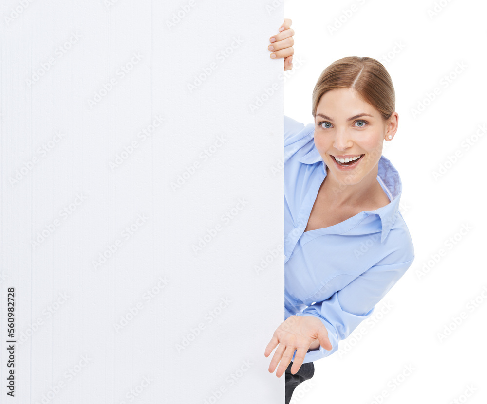 Portrait, mockup and woman with smile, poster for advertising agency or marketing manager isolated on white studio background. Female consultant, entrepreneur or leader with sign or brand development Portrait, mockup and woman with smile, poster for advertising agency or marketing manager isolated on white studio background. Female consultant, entrepreneur or leader with sign or brand development