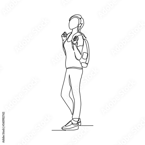 Continuous single one line drawing art of college campus student woman with bag backpack. Vector illustration © MuhammadZulfan