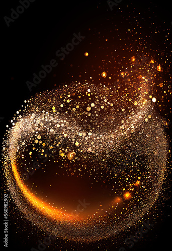 Golden particles abstract background with copy space for product and text placement. Digitally generated AI image.