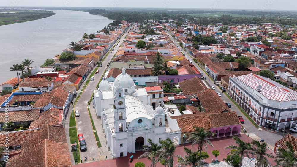 Afternoon aerial view of the Spanish Colonial buildings and historic church of Tlacotalpan, Verzcruz, Mexico.