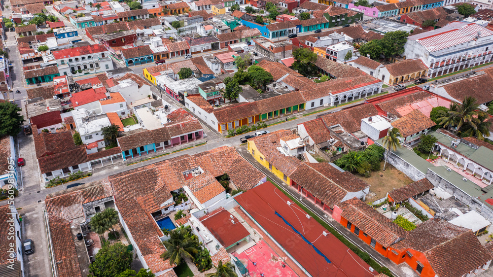 Afternoon aerial view of the historic Spanish Colonial buildings of Tlacotalpan, Verzcruz, Mexico.