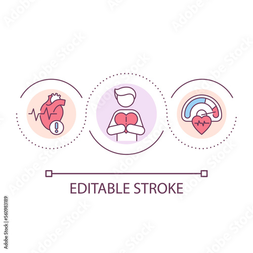 Heart diseases loop concept icon. Cardiovascular disorders. Patient with heartache. Cardiology abstract idea thin line illustration. Isolated outline drawing. Editable stroke. Arial font used