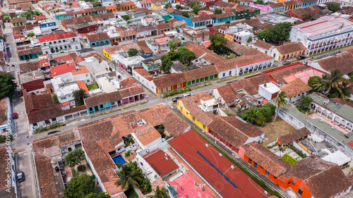 Afternoon aerial view of the historic Spanish Colonial buildings of Tlacotalpan, Verzcruz, Mexico.
