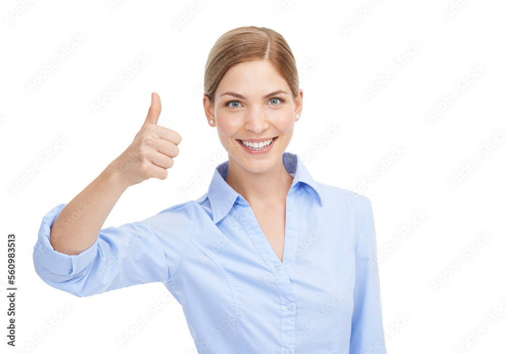 Business woman, happy portrait and thumbs up for winning, approval or thank you for support or service. Face of female with like hand emoji for deal, sale or discount isolated on white background Business woman, happy portrait and thumbs up for winning, approval or thank you for support or service. Face of female with like hand emoji for deal, sale or discount isolated on white background