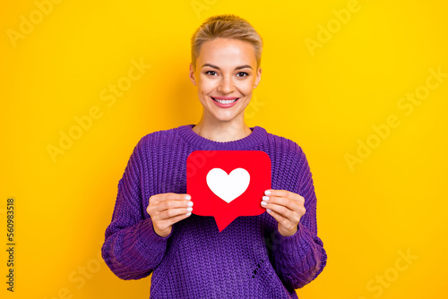 Photo of satisfied optimistic girl with short hairdo wear knit sweater hold red paper heart like isolated on yellow color background