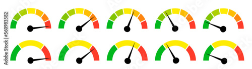 Speedometer gauge meter icons. Vector scale, level of performance. Speed indicator .Infographic of risk, gauge, score progress.