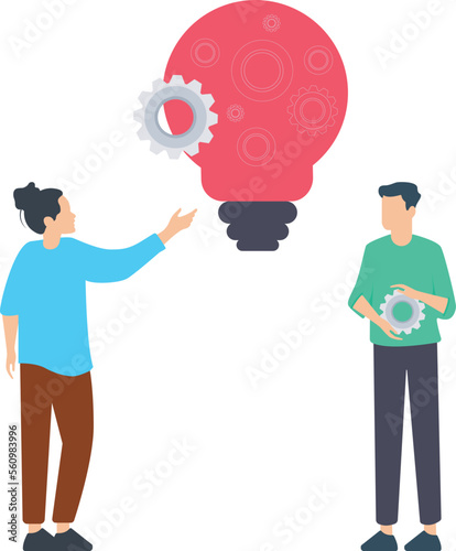 Office People Work Together Setting Up Huge Light Bulbs Separated on Puzzle Pieces Standing on Ladders. Business People Teamwork. Flat Vector Illustration