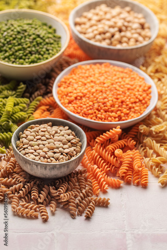 A variety of fusilli pasta from different types of legumes. Gluten-free pasta. © Olena Rudo