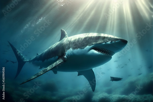 a great white shark fish underwater, deep ocean background, illustration digital generative ai design art style