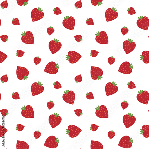 Seamless pattern of a heart shaped strawberries . All over print