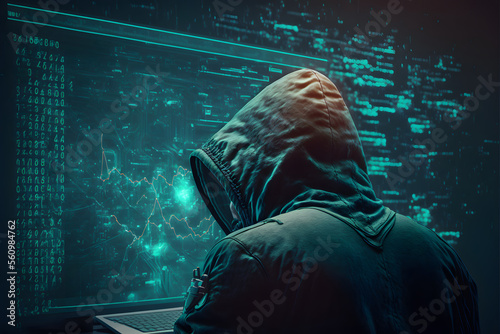 anonym hacker in front of computer, dark background, illustration digital generative ai 