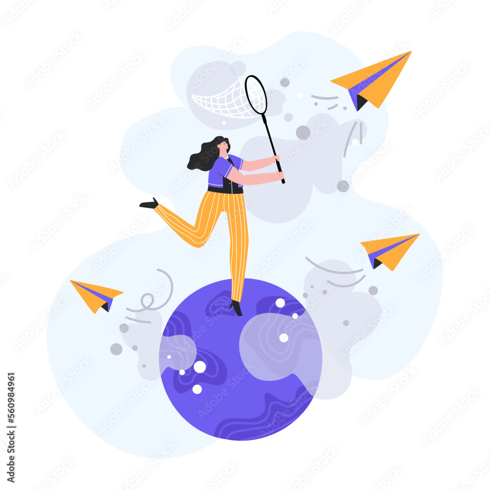 Girl catching an air pollution gases produced by airplanes, concept of carbon offset and carbon footprint Girl catching an air pollution gases produced by airplanes, concept of carbon offset and carbon footprint